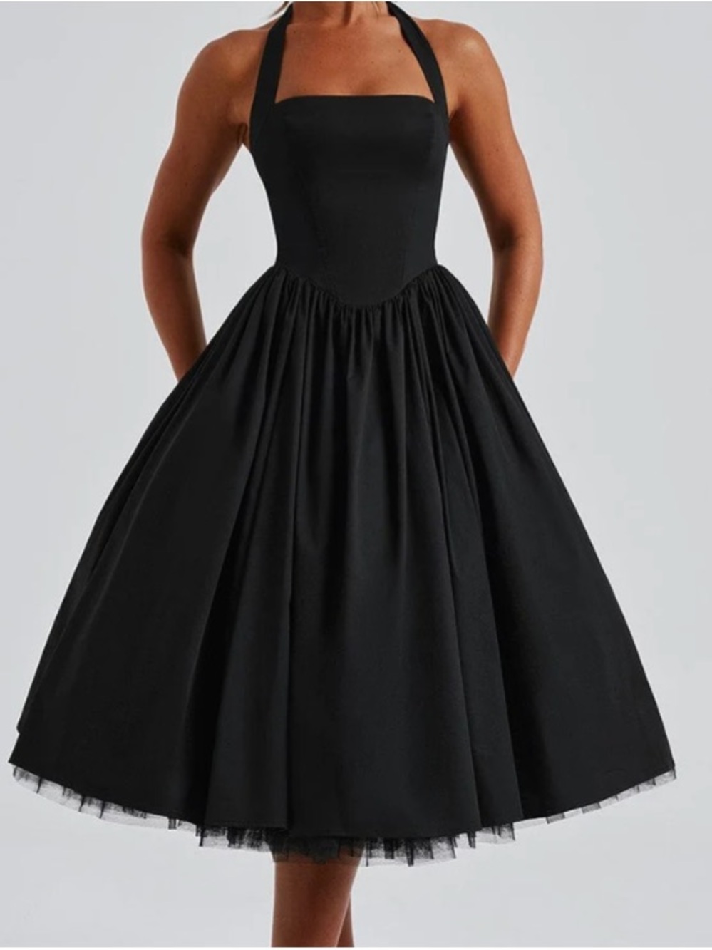 Elegant Black Halter Midi Dress with Full Skirt
